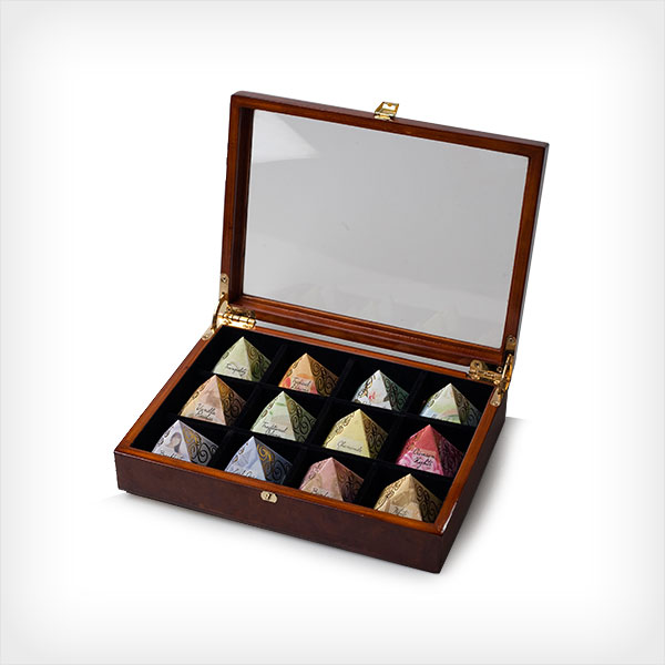 12 Count Luxury Burl-Wood Gift Box (GLASS TOP) -  12 Assorted blends in exquisite tiny pyramids
