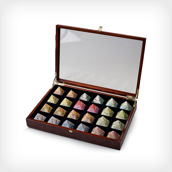 24 Count Luxury Burl-Wood Gift Box (GLASS TOP) -  24 Assorted blends in exquisite tiny pyramids